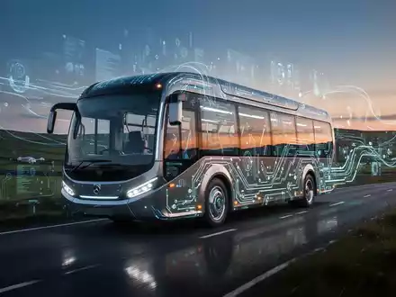 Ein stilisierter, futuristischer digitaler Bus fährt durch eine moderne, grüne irische Landschaft bei Sonnenuntergang. - Foto: über boerse-global.de