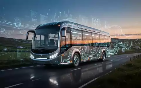 Ein stilisierter, futuristischer digitaler Bus fährt durch eine moderne, grüne irische Landschaft bei Sonnenuntergang. - Foto: über boerse-global.de