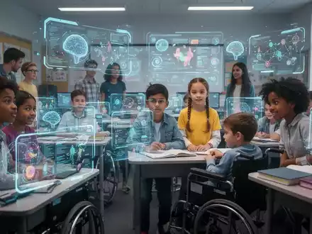 Students learning in a modern virtual classroom with holographic projections and digital interfaces, showcasing technology in education. - Foto: über boerse-global.de