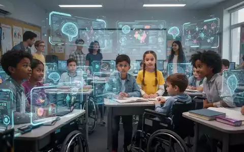 Students learning in a modern virtual classroom with holographic projections and digital interfaces, showcasing technology in education. - Foto: über boerse-global.de