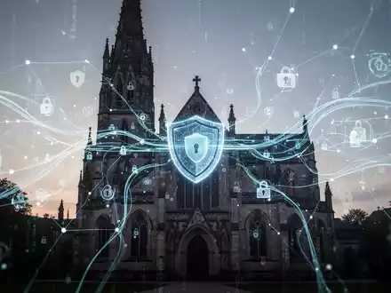 Abstrakte Darstellung von Datenflüssen, die eine stilisierte Kirchensilhouette überlagern und Datenschutz und Compliance symbolisieren. - Foto: über boerse-global.de