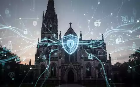 Abstrakte Darstellung von DatenflĂŒssen, die eine stilisierte Kirchensilhouette ĂŒberlagern und Datenschutz und Compliance symbolisieren. - Foto: ĂŒber boerse-global.de
