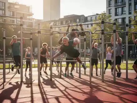Eine vielfältige Gruppe von Menschen jeden Alters trainiert Calisthenics in einem Outdoor-Park in Wiesbaden, nutzt Stangen und übt Kraft. - Foto: über boerse-global.de