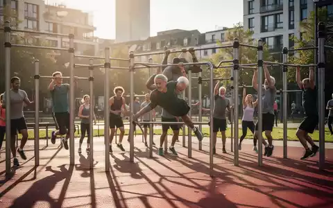 Eine vielfältige Gruppe von Menschen jeden Alters trainiert Calisthenics in einem Outdoor-Park in Wiesbaden, nutzt Stangen und übt Kraft. - Foto: über boerse-global.de