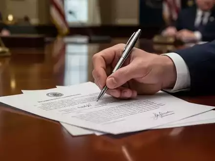Eine Hand unterschreibt ein offizielles Dokument mit einem Stift auf einem Schreibtisch, verschwommener Hintergrund eines Büros. - Foto: über boerse-global.de