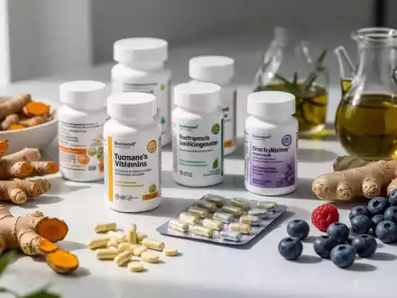 Verschiedene Vitamine und Nahrungsergänzungsmittel in minimalistischer Verpackung neben frischen entzündungshemmenden Lebensmitteln. - Foto: über boerse-global.de