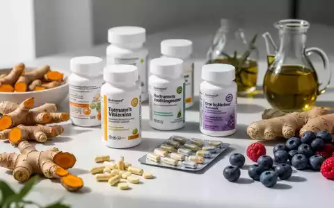 Verschiedene Vitamine und Nahrungsergänzungsmittel in minimalistischer Verpackung neben frischen entzündungshemmenden Lebensmitteln. - Foto: über boerse-global.de