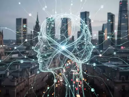 Eine abstrakte Darstellung von KI-Regulierung mit leuchtenden digitalen Linien und Knoten vor einer Stadtkulisse. - Foto: über boerse-global.de