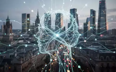 Eine abstrakte Darstellung von KI-Regulierung mit leuchtenden digitalen Linien und Knoten vor einer Stadtkulisse. - Foto: über boerse-global.de
