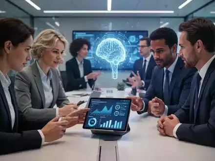 Führungskräfte in einem modernen Büro, die Daten auf einem Tablet betrachten und diskutieren, mit einem Hauch von KI-Technologie im Hintergrund. - Foto: über boerse-global.de