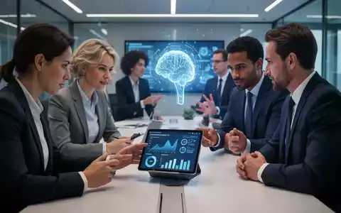Führungskräfte in einem modernen Büro, die Daten auf einem Tablet betrachten und diskutieren, mit einem Hauch von KI-Technologie im Hintergrund. - Foto: über boerse-global.de