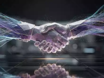 Eine futuristische, leuchtende Darstellung sich verbindender digitaler Elemente, die einen milliardenschweren Tech-Deal symbolisieren. - Foto: über boerse-global.de