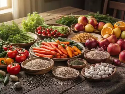 Eine bunte Auswahl an gesunden Lebensmitteln wie Gemüse, Obst, Vollkornprodukte und Olivenöl auf einem Holztisch. - Foto: über boerse-global.de