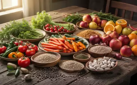 Eine bunte Auswahl an gesunden Lebensmitteln wie Gemüse, Obst, Vollkornprodukte und Olivenöl auf einem Holztisch. - Foto: über boerse-global.de