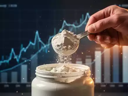 Eine Hand schöpft Proteinpulver, im Hintergrund verschwommene, steigende Preischarts und ein leuchtender Schein. - Foto: über boerse-global.de