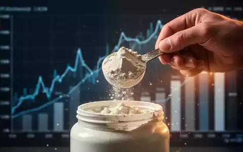 Eine Hand schöpft Proteinpulver, im Hintergrund verschwommene, steigende Preischarts und ein leuchtender Schein. - Foto: über boerse-global.de