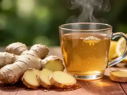 Frische Ingwerwurzeln, teilweise geschnitten, neben einer dampfenden Tasse Ingwertee mit Honig und Zitrone auf einem Holztisch. - Foto: über boerse-global.de