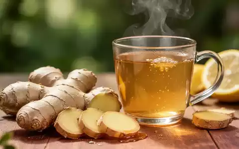 Frische Ingwerwurzeln, teilweise geschnitten, neben einer dampfenden Tasse Ingwertee mit Honig und Zitrone auf einem Holztisch. - Foto: über boerse-global.de