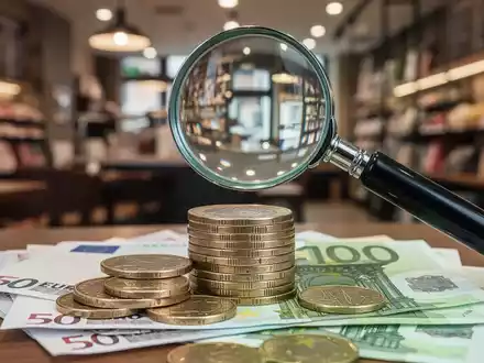 Nahaufnahme von Euro-Münzen und -Banknoten unter einem Vergrößerungsglas, mit verschwommenem Hintergrund eines Geschäfts oder Restaurants. - Foto: über boerse-global.de