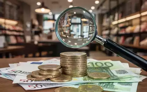 Nahaufnahme von Euro-Münzen und -Banknoten unter einem Vergrößerungsglas, mit verschwommenem Hintergrund eines Geschäfts oder Restaurants. - Foto: über boerse-global.de
