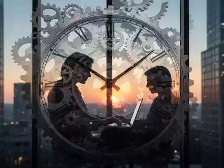 Abstrakte Uhr mit Zahnrädern und einer Person, die am Laptop arbeitet, vor unscharfen Bürogebäuden. Symbolisiert Arbeitszeitflexibilisierung. - Foto: über boerse-global.de