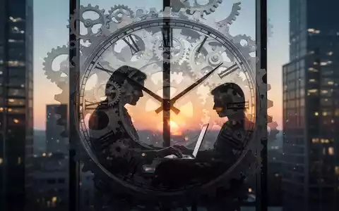 Abstrakte Uhr mit Zahnrädern und einer Person, die am Laptop arbeitet, vor unscharfen Bürogebäuden. Symbolisiert Arbeitszeitflexibilisierung. - Foto: über boerse-global.de