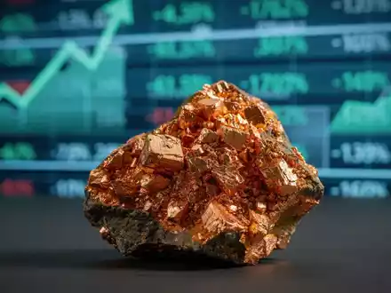 Ein glänzendes Kupfererzstück im Vordergrund, unscharfer Hintergrund mit einem Aktien-Ticker, der positive Trends zeigt. - Foto: über boerse-global.de