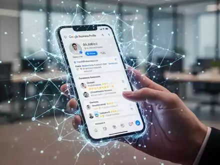A stylized AI interface on a smartphone screen showing a Google Business Profile, with a hand interacting. Blurred office background. - Foto: über boerse-global.de