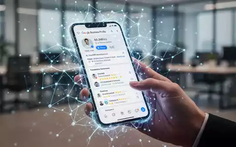 A stylized AI interface on a smartphone screen showing a Google Business Profile, with a hand interacting. Blurred office background. - Foto: über boerse-global.de