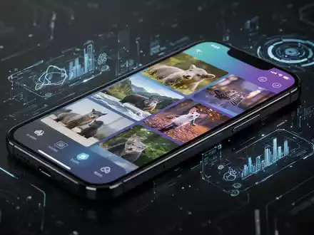 A close-up of a modern smartphone screen displaying a photo gallery, with a subtle digital overlay indicating data optimization. - Foto: über boerse-global.de
