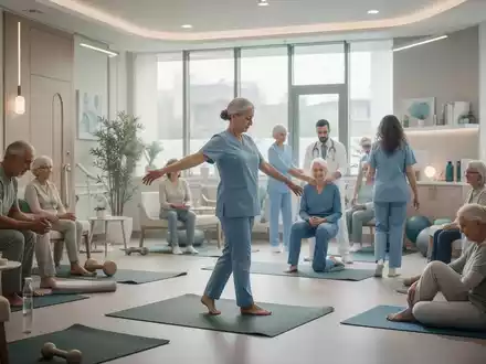 Menschen nehmen an verschiedenen therapeutischen Aktivitäten in einer modernen Rehaklinik teil, die chronische Schmerzen behandelt. - Foto: über boerse-global.de