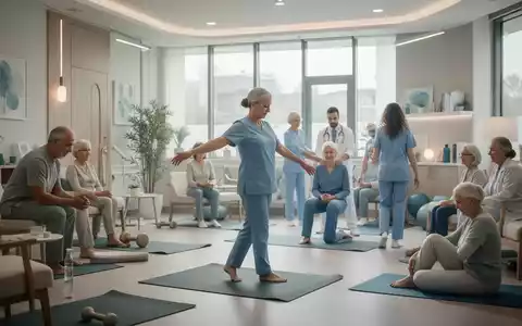 Menschen nehmen an verschiedenen therapeutischen Aktivitäten in einer modernen Rehaklinik teil, die chronische Schmerzen behandelt. - Foto: über boerse-global.de
