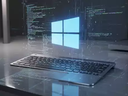 A stylized Windows logo projected holographically above a modern keyboard, with data streams reflecting on the surface. - Foto: über boerse-global.de