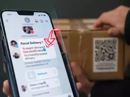 A smartphone screen shows a fake social media notification about a parcel delivery, with a blurred hand holding a package in the background. - Foto: über boerse-global.de