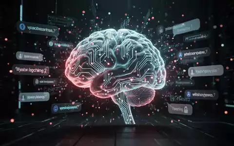 Ein stilisiertes, leuchtendes digitales Gehirn mit Leiterbahnen, umgeben von Datenpunkten und Textnachrichten, symbolisiert KI-Cyberkriminalität. - Foto: über boerse-global.de