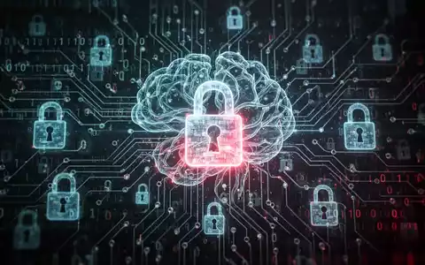 A glowing, abstract neural network with binary code and digital lock icons, symbolizing AI-driven cyber threats and data security. - Foto: über boerse-global.de