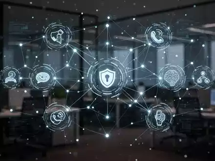 A glowing digital network connecting icons for communication, security, and AI, representing modern enterprise platforms. - Foto: über boerse-global.de