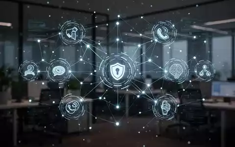 A glowing digital network connecting icons for communication, security, and AI, representing modern enterprise platforms. - Foto: über boerse-global.de