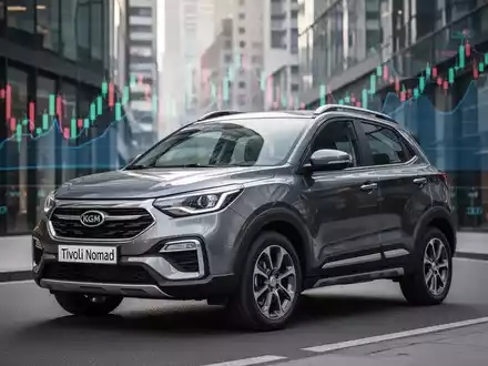 Ein KGM Tivoli Nomad Kompakt-SUV auf einer Stadtstraße, im Hintergrund verschwommene Finanzdiagramme, die Finanzierungsangebote symbolisieren. - Foto: über boerse-global.de