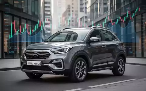 Ein KGM Tivoli Nomad Kompakt-SUV auf einer Stadtstraße, im Hintergrund verschwommene Finanzdiagramme, die Finanzierungsangebote symbolisieren. - Foto: über boerse-global.de
