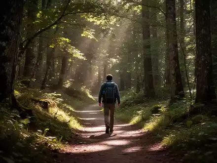 Eine Person wandert auf einem Pfad durch einen sonnendurchfluteten Wald, symbolisiert Pilgern und Naturerleben. - Foto: über boerse-global.de