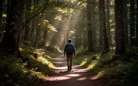 Eine Person wandert auf einem Pfad durch einen sonnendurchfluteten Wald, symbolisiert Pilgern und Naturerleben. - Foto: über boerse-global.de