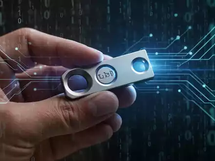 Nahaufnahme einer Hand, die einen modernen Hardware-Sicherheitsschlüssel hält, umgeben von abstrakten digitalen Sicherheitslinien. - Foto: über boerse-global.de