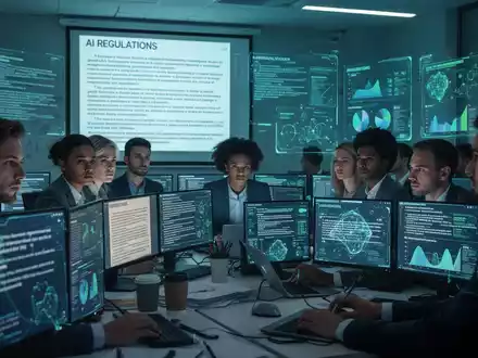 Eine Gruppe von Fachleuten in einem modernen Schulungsraum, die sich mit KI-Vorschriften und digitalen Benutzeroberflächen beschäftigen. - Foto: über boerse-global.de