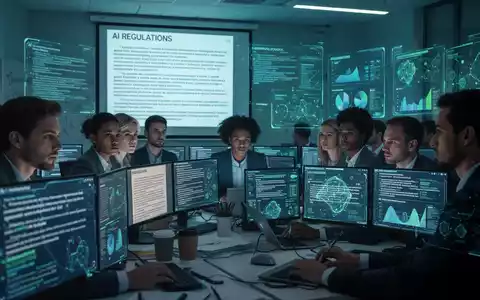 Eine Gruppe von Fachleuten in einem modernen Schulungsraum, die sich mit KI-Vorschriften und digitalen Benutzeroberflächen beschäftigen. - Foto: über boerse-global.de