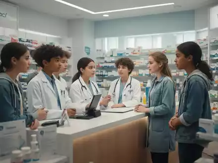 Jugendliche unterhalten sich leise mit Apothekern in einer modernen Apotheke, die eine sichere und unterstützende Umgebung bietet. - Foto: über boerse-global.de