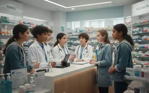 Jugendliche unterhalten sich leise mit Apothekern in einer modernen Apotheke, die eine sichere und unterstützende Umgebung bietet. - Foto: über boerse-global.de
