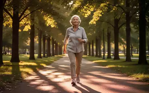 Eine ältere Person, die auf einem von Bäumen gesäumten Weg in einem Park spazieren geht, mit goldenem Licht und Schatten. - Foto: über boerse-global.de