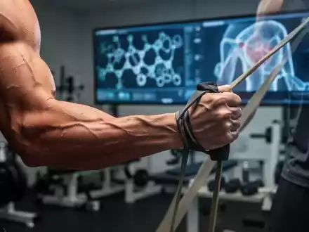 Ein muskulöser Arm hält ein Widerstandsband in einem Fitnessstudio, mit verschwommenen medizinischen Geräten im Hintergrund. - Foto: über boerse-global.de