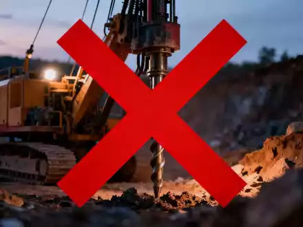 Ein großes, rotes 'X' vor einem unscharfen Hintergrund mit Bergbauausrüstung und einem Bohrturm, das eine Blockade darstellt. - Foto: über boerse-global.de